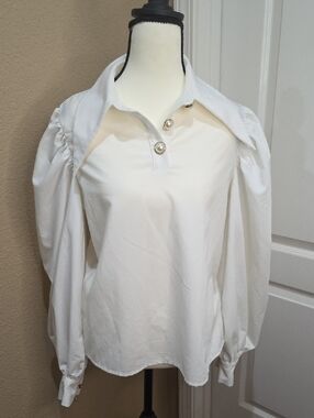SHEIN White Pointed Collar Puff Sleeve Blouse